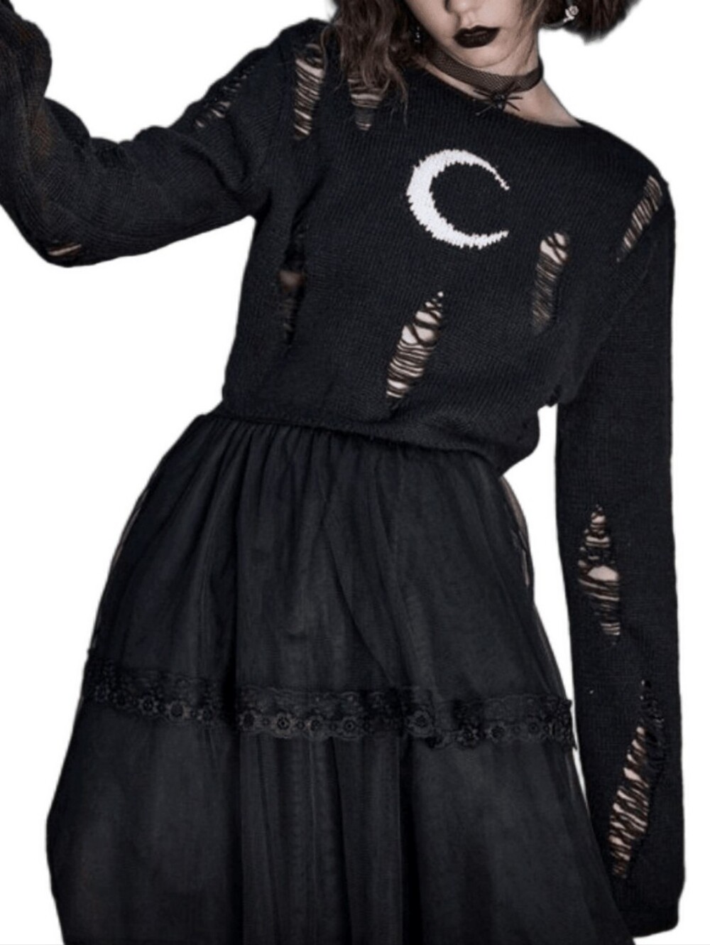 ROMWE Black Distressed Moon Knit Cropped Sweater - Women's Gothic Pullover